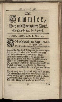 Drey und Zwanzigstes Stück. Montags den 11. Junii 1736.