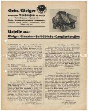 Kundengutachten über Selbstbinde-Langstrohpressen der Firma Welger