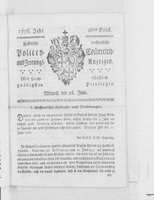 26tes Stück, Ausgabe vom 26. Junii 1776