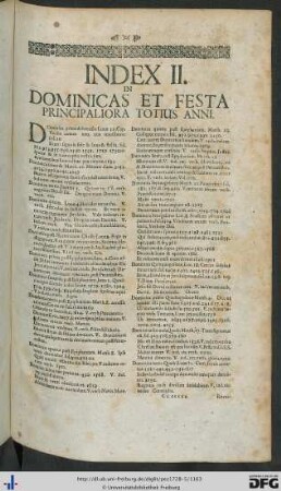 Index II. De Dominicas Et Festa Principaliora Totius Anni.
