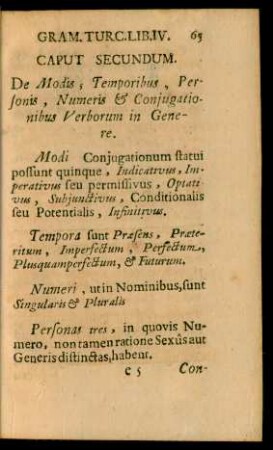 Caput Secundum. De Modis, Temporibus, Personis, Numeris & Coniugationibus Verborum in Genere.