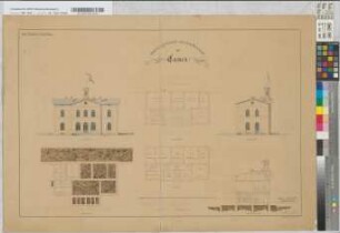 Stationsgebäude auf dem Bahnhofe bei Camen der Köln-Mindener Eisenbahn-Gesellschaft: Grundrisse, Ansichten, Schnitt, o. M. [Maßstab in Fuß] Hge, Sknr.: 5, Fanr.: 7, Bunr.: 1