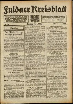 Erste Ausgabe vom Samstag, den 09. März 1918.