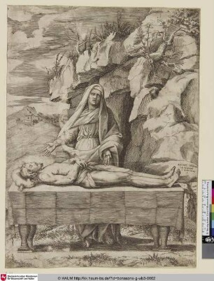 [La St. Vierge debout devant une table, sur laquelle est ètendu le corps mort de Jésus Christ sur un suaire; Beweinung Christi]