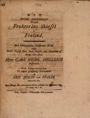 Strödde Anmärkningar, rörande Frukt träns Skötsel i Finland