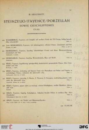 Steinzeug/Fayence/Porzellan sowie geschliffenes Glas (Nr. 349-531)