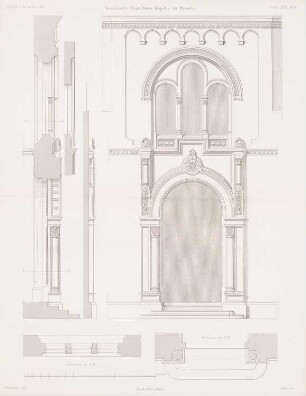 Israelitische Begräbniskapelle, Dresden: Ansicht, Vertikalschnitte, Horizontalschnitte (aus: Atlas zur Zeitschrift für Bauwesen, hrsg. v. G. Erbkam, Jg. 18, 1868)