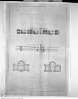 Gefängnis, 2 Grundrisse, 1 Aufriss und Querschnitt