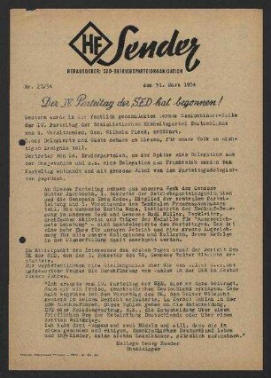 'HF-Sender' [Flugblatt], Nr.27/1954 (31. März 1954)