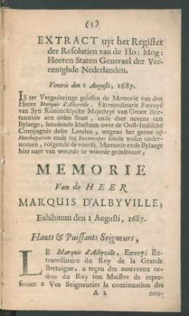 Extract uyt het register der resolutien van de Ho: Mog: heeren Staten Generael der Vereenighde Nederlanden