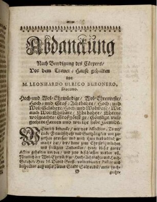 Abdanckung Nach Beerdigung des Cörpers ...