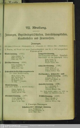 VIII. Abteilung. Innungen, Begräbnisgesellschaften, Unterstützungskassen, Krankenkassen und Feuerwehren