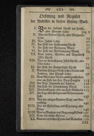 Ordnung und Register der Rubriken in diesem Gesang-Buch.