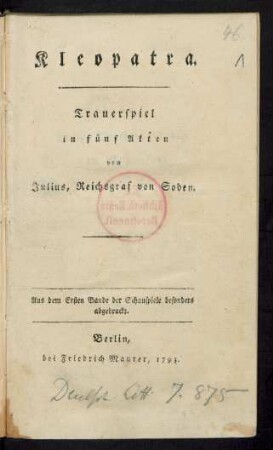 Kleopatra : Trauerspiel in fünf Akten
