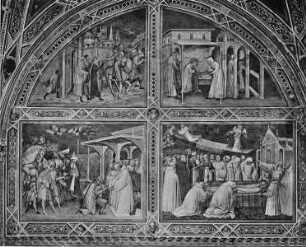 Szenen aus dem Leben des heiligen Benedikt — Benedikt verabschiedet sich von seinem Lehrer und verlässt Rom, Wiederherstellung des zerbrochenen Siebs, König Totila kniet vor Benedikt, Exequien des Benedikt