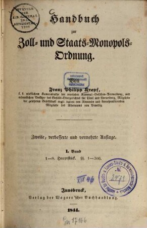Handbuch zur Zoll- und Staats-Monopols-Ordnung : Von Franz Philipp Krapf, 1