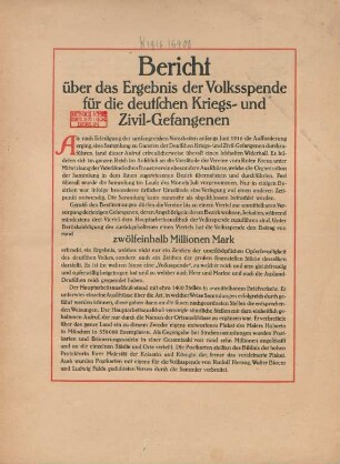 Bericht über das Ergebnis der Volksspende für die deutschen Kriegs- und Zivil-Gefangenen