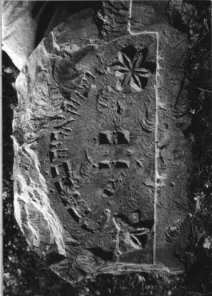 Grabstein 219 (Index: 100110555) Material: Sandstein Zustand: Fragment, Giebel Maße HxBxT: 34x57x9 cm Beschreibung: Stele, Rundbogenabschluß, Schriftfelder eingetieft (Fragment) Symbolik: zwei Rosetten: Grabstein 219