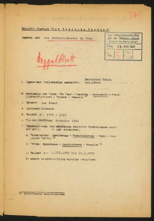 Akademietheater, Wien: Fragebogens für das Handbuch »Das Deutsche Theater«, Abschrift, vierseitiges Dokument