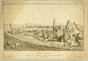 Ansicht von Schwarzenberg im Erzgebirge mit dem Schloss und der St-Georgen-Kirche, nach dem großen Brand am 2. Mai 1824