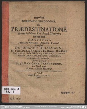 Disputatio theologica de praedestinatione