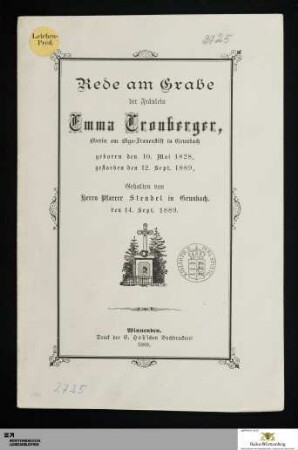 Rede am Grabe der Fräulein Emma Cronberger, Oberin am Olga-Frauenstift in Grunbach : geboren den 10. Mai 1828, gestorben den 12. Sept. 1889