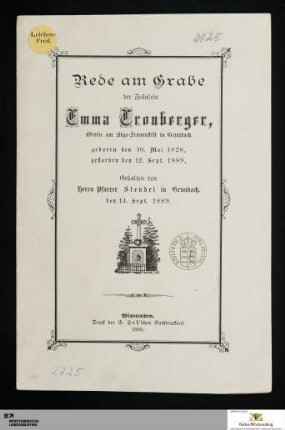 Rede am Grabe der Fräulein Emma Cronberger, Oberin am Olga-Frauenstift in Grunbach : geboren den 10. Mai 1828, gestorben den 12. Sept. 1889