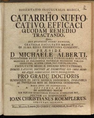 Dissertatio Inauguralis Medica, De Catarrho Suffocativo, Efficaci Quodam Remedio Tractando