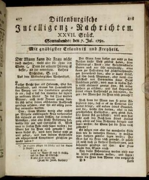 XXVII. Stück. Sonnabends: den 7. Jul. 1792.