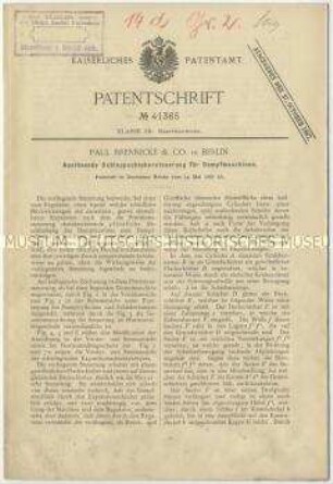 Patentschrift einer auslösenden Schleppschiebersteuerung für Dampfmaschinen, Patent-Nr. 41365