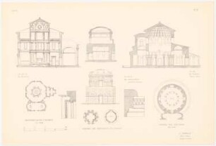 Baptisterium, Rom: Ansichten, Querschnitte, Grundriss Baptisterium, Grabmal Theodorich, Constantia (aus: Altchristl. u. roman. Baukunst, hrsg. v. Zeichenaussch. d. Stud. d. TH Berlin, 1875)