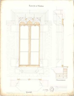 Thiersch, August ; Studienarbeiten - Wohnhaus - Fenster (Grundriss, Ansicht, Schnitt)