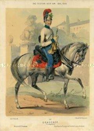 Uniformdarstellung, Trompeter des Dragoner-Regiments zu Pferd, Österreich, 1835/1848. Tafel 116 aus: Gerasch: Das Oesterreichische Heer.