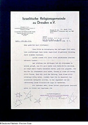 Schreiben der Israelitischen Religionsgemeinde zu Dresden e.V. an Prof. Victor Klemperer vom 11.03.1941 mit abschlägigem Bescheid betr. Beitragsermäßigung