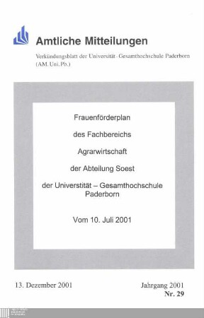 Frauenförderplan des Fachbereichs Agrarwirtschaft der Abteilung Soest der Universität-Gesamthochschule Paderborn : vom 10. Juli 2001