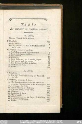 Table des matières du troisième volume.