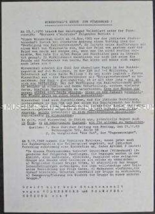 Hektografiertes Propagandaflugblatt der neonazistischen "Deutschen Bürgerinitiative" mit scharfer Polemik gegen Simon Wiesenthal