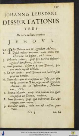 Johannis Leusdeni Dissertationes Tres De vera lectione nominis Jehova.