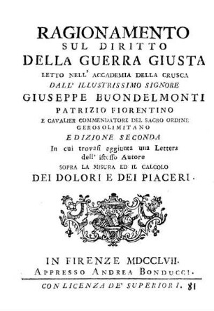 Ragionamento Sul Diritto Della Guerra Giusta Letto Nell' Accademia Della Crusca ...