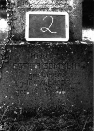 Grabstein 2 (Index: 100100921) Material: Kalkstein Zustand: Schriftplatte fehlt Maße HxBxT: 179x46x19 cm Beschreibung: Stele, Sockel, Abdeckplatte mit Aufsatz, eingetieftes Schriftfeld rechteckig: Grabstein 2A