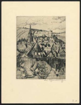 Tübingen. Stiftskirche und Schloss, Ansicht vom Österberg aus : Radierung