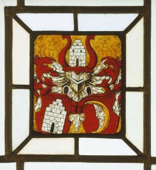 Fragment einer Kabinettscheibe mit dem Allianzwappen des Nürnberger Patriziers Simon Stainhauser und seiner Frau Katharina Grüner, ehem. mit architektonischer Rahmung und Karyatiden nach Virgil Solis