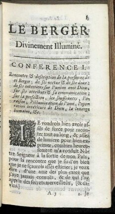 Conference I. Rencontre & description de la personne de ce Berger; de ses vertus & de ses dons [...]