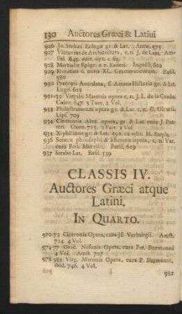 Classis IV. Auctores Graeci atque Latini. In Quarto