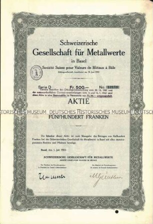 Aktie der Schweizerischen Gesellschaft für Metallwerte in Basel über 500 Schweizer Franken