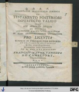 Dissertatio Inauguralis Juridica De Testamento Posteriori Imperfecto Valido