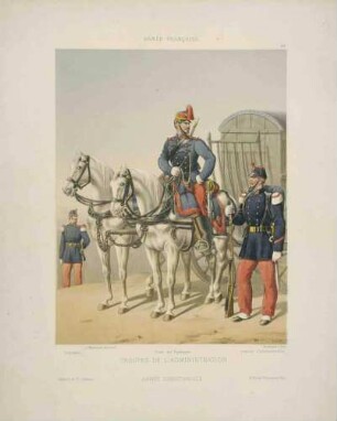 Verwaltungsformation: Postsoldat mit Trossfahrzeug und Pferden, daneben stehend Zahlmeister