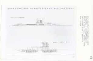 Kurhotel und Kurmittelhaus, Bad Segeberg (Diplomarbeit bei Bernhard Hermkes): Ansichten von Nordwesten und Südosten 1:200