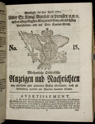 No. 15. Montags, den 8ten April 1771.
