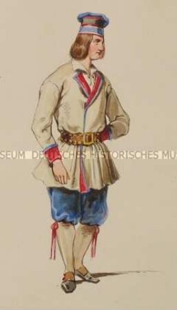 Mann in heller Jacke und blauen Kniehosen mit roten Bändern - Tafel aus Franceschini/Kostümbilder (Kassette 1)